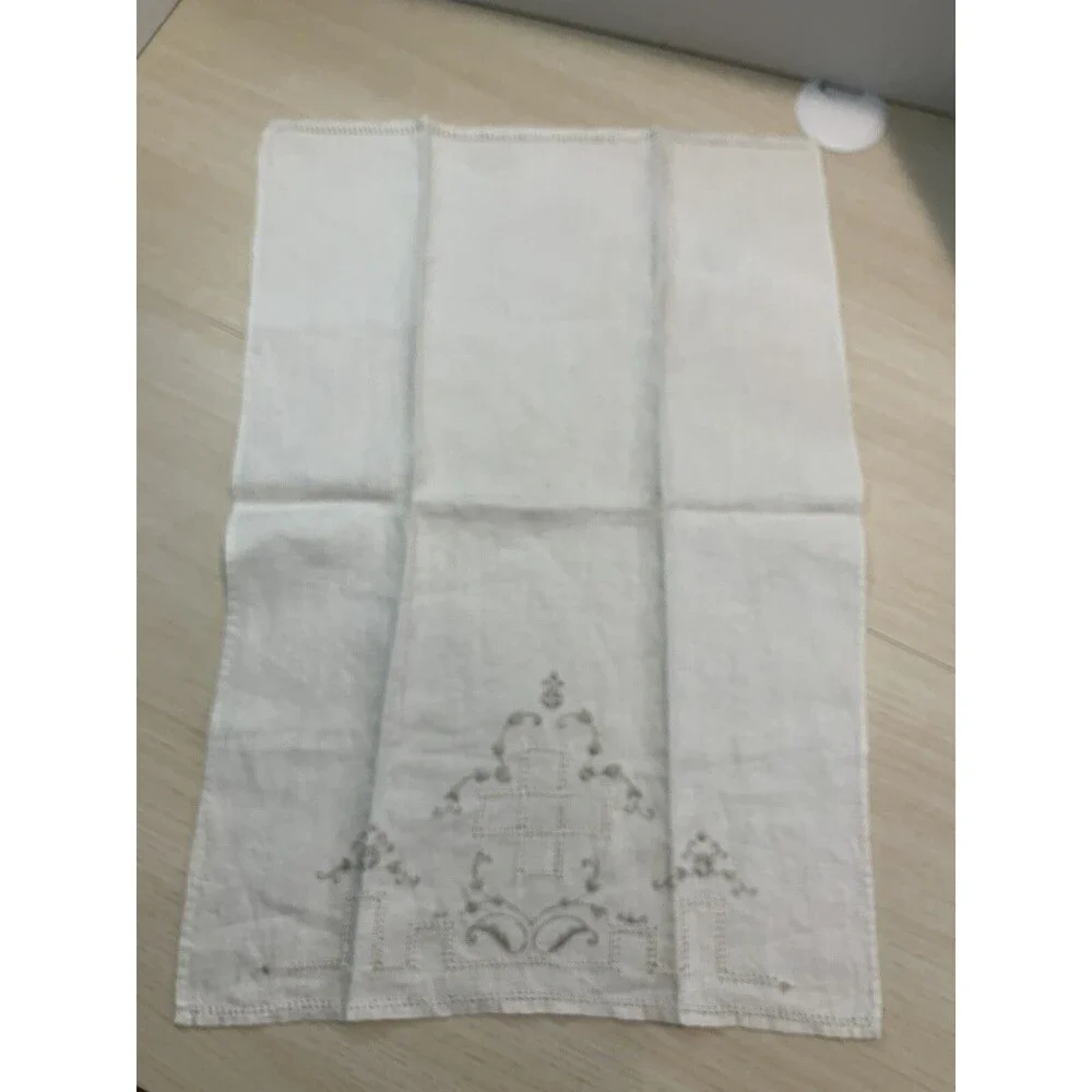 Beige Linen Elegent Embroidered Tea Towel, Dresser Scarf, Table Runner 13.5 x 20